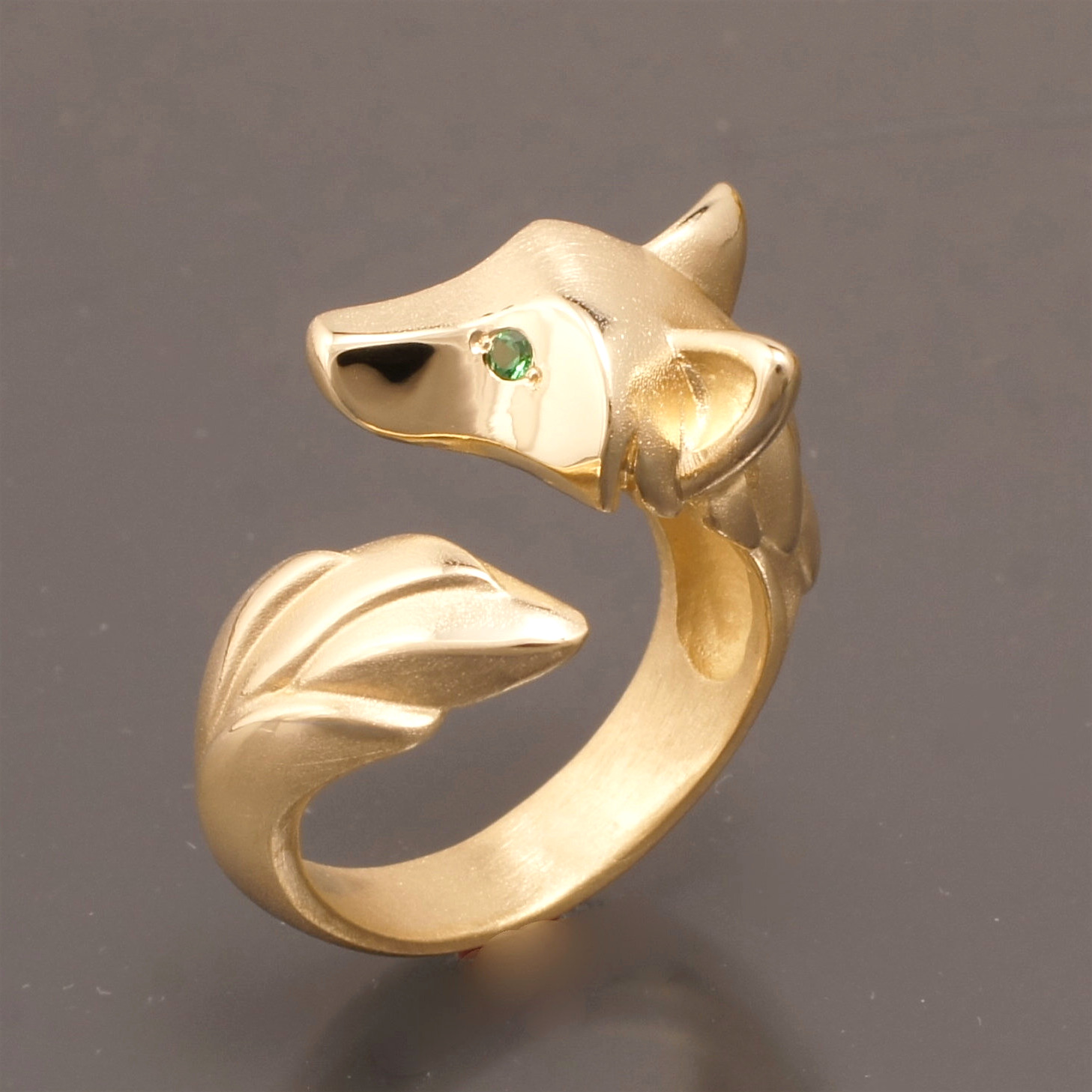 Bronze Fox Ring with Green Diamond Eyes by Michael Tatom