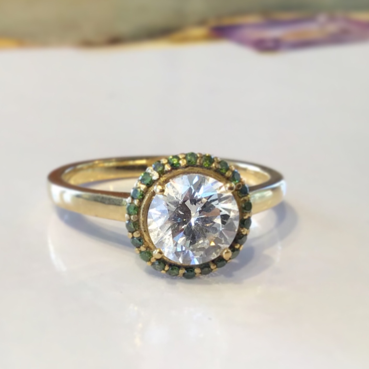 18K Yellow Gold Green Diamond Halo Ring 